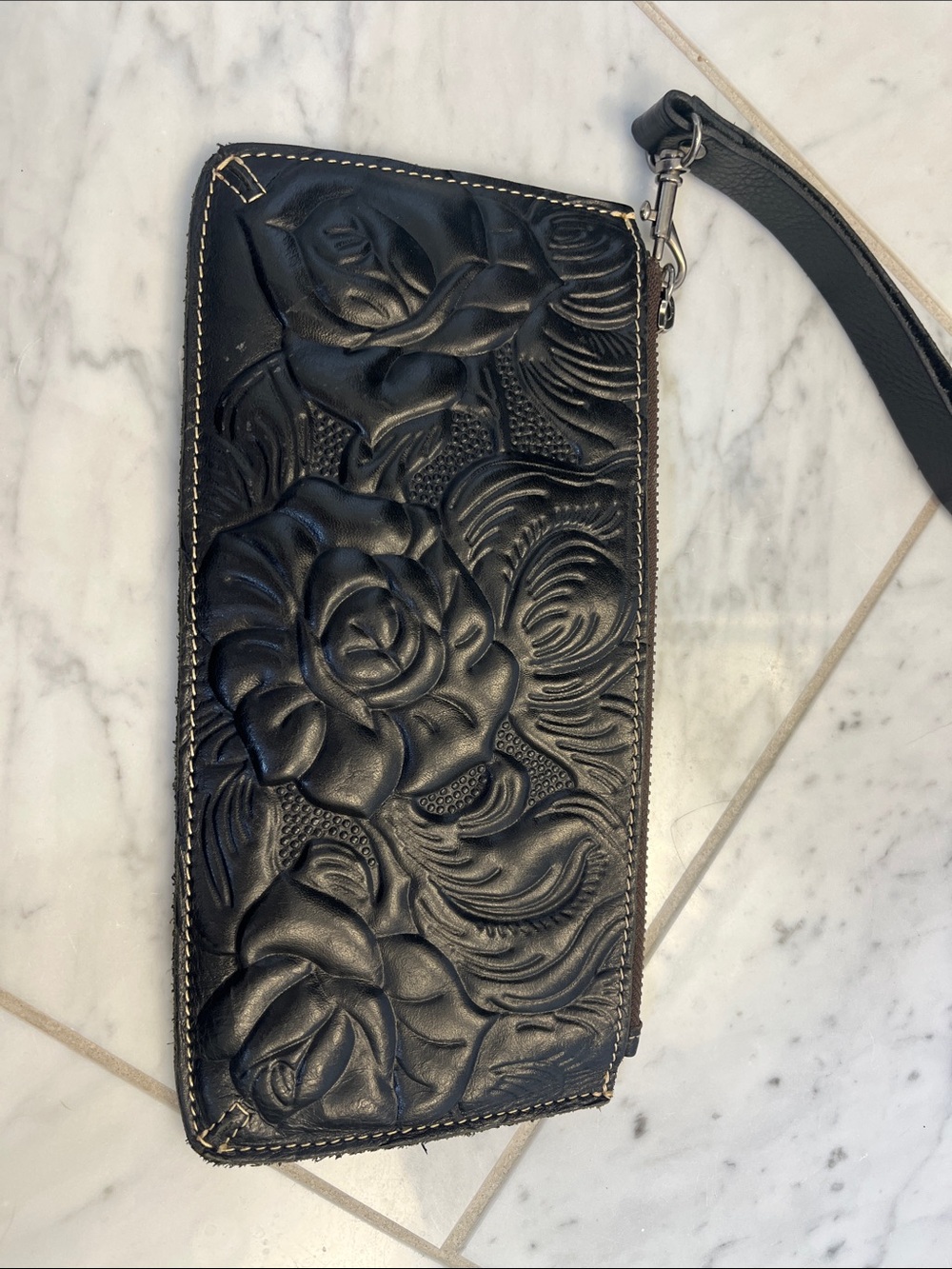 Genuine, leather Black Floral Embossed Wristlet Clutch - Women Bags